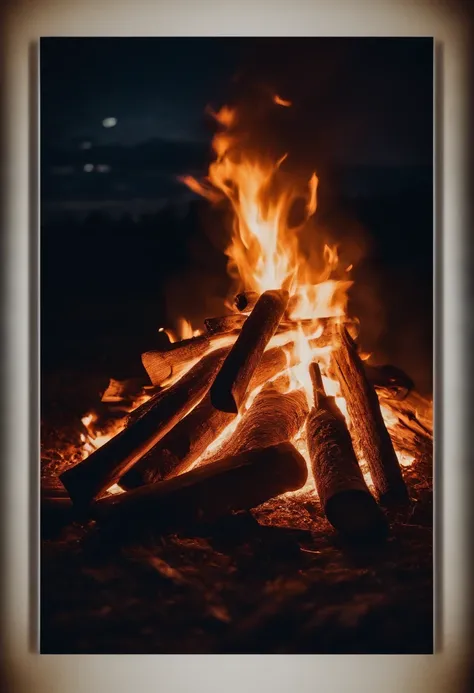 a night sky shot with a bonfire in the foreground, allowing the glowing embers and flames to illuminate the surroundings and create a captivating atmosphere