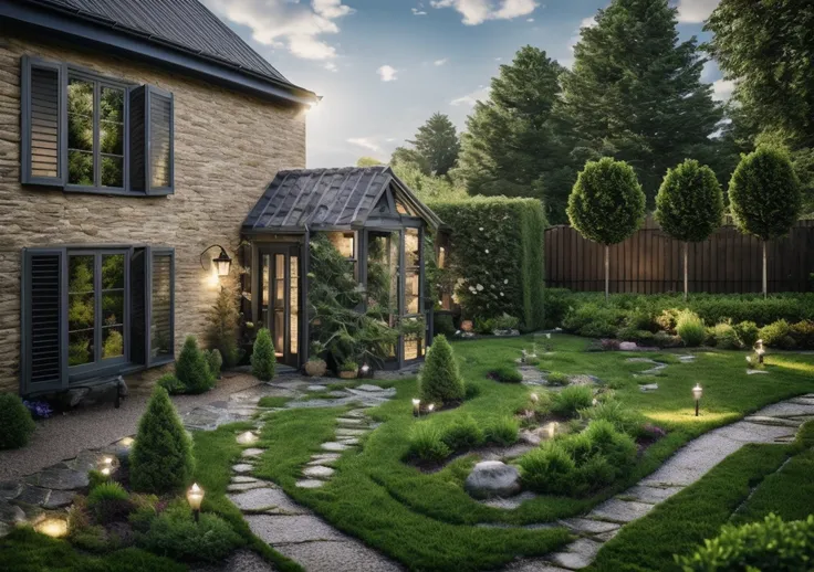 (( best quality)) (( ultral realistic)) photo of garden, close of small house , stone on grass, grass way