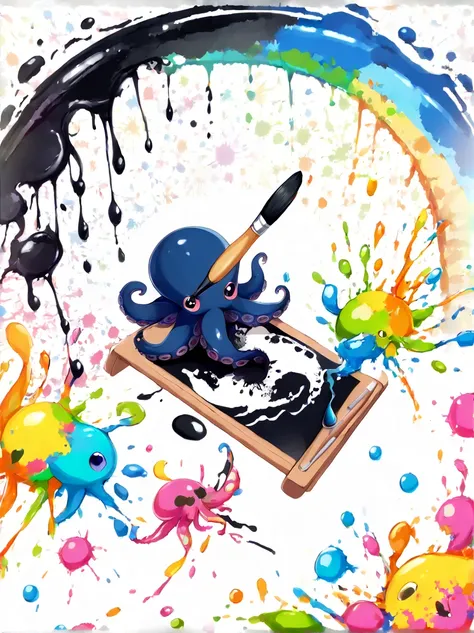 whimsical vibe，an underwater world，((1 cute octopus holding a paintbrush and drawing pictures on the drawing board:1.5))，((ink p...