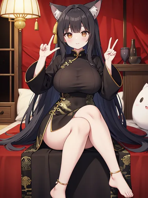 highest image quality、highest quality、master piece、black hair、long hair、ragged hair、wolf ears、china dress、peace sign