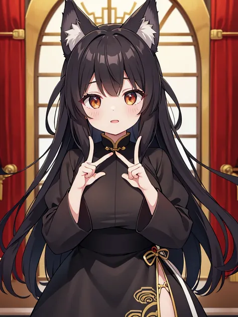 Highest image quality、highest quality、master piece、black hair、long hair、Ragged hair、wolf ears、China dress、peace sign