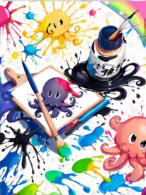 whimsical vibe，an underwater world，((1 cute octopus holding a paintbrush and drawing pictures on the drawing board:1.5))，((ink p...