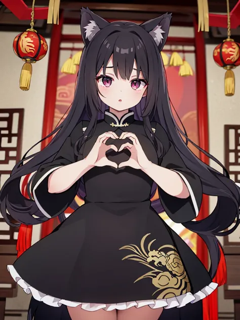 highest image quality、highest quality、master piece、black hair、long hair、ragged hair、wolf ears、china dress、heart hands