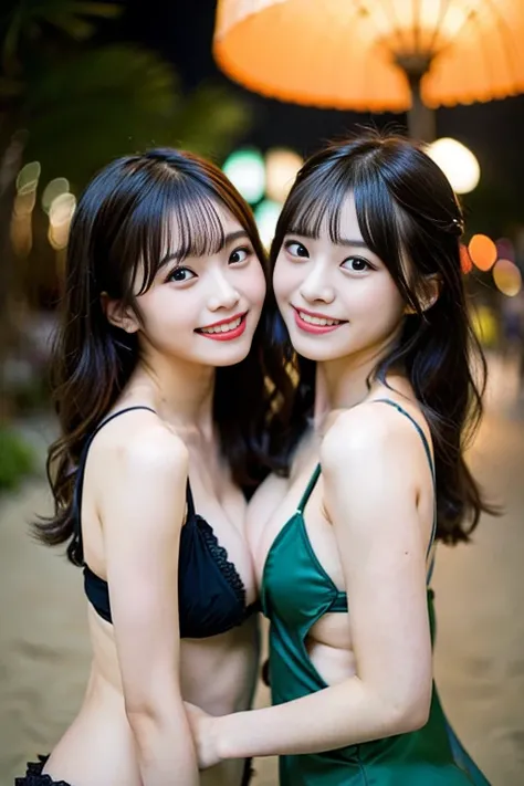 highest quality, masterpiece, ultra high resolution, (realistic:1.4), Raw photo, ultra detail, 

late at night, ((two girls, Members of two popular Japanese idol groups having a great time on a tropical beach, completely drunk, each looked at each other, l...