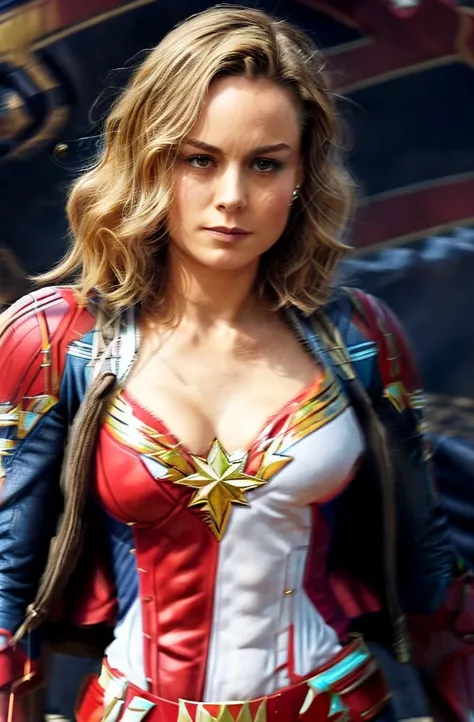 brie larson, medium hair, full body portrait, wearing captain marvel outfit, sexy, cleavage, breasts showing