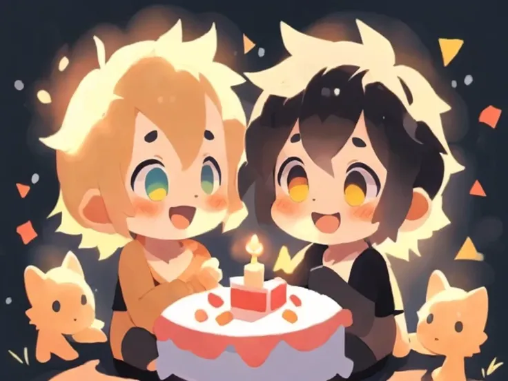 2 boys, chibi chara, black hair boy and blond hair boy, birthday cake, friends, soft lighting, happy, clear eyes