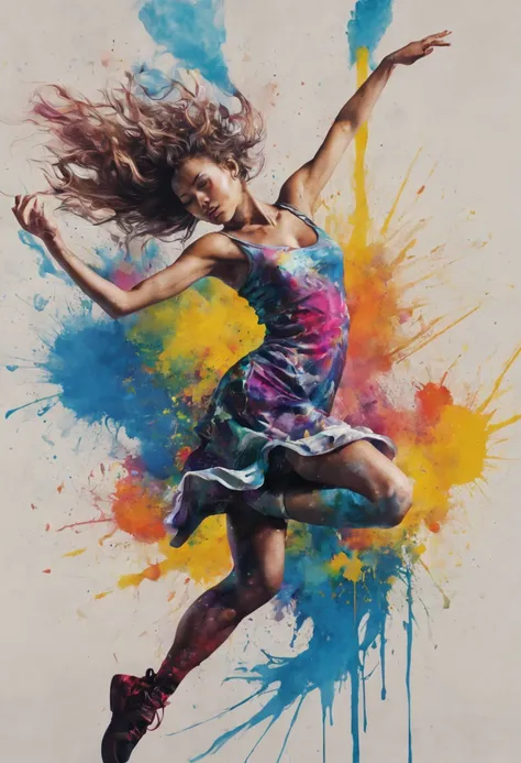 A vibrant, abstract ink splatter painting of a dancer in mid-air, surrounded by a swirl of musical notes. 8K, hyper detailed. graffiti art, splash art, street art, spray paint, oil gouache melting, acrylic, high contrast, colorful polychromatic, ultra deta...