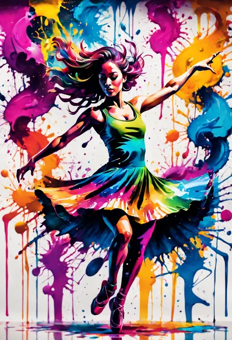 A vibrant, abstract ink splatter painting of a dancer in mid-air, surrounded by a swirl of musical notes. 8K, hyper detailed. graffiti art, splash art, street art, spray paint, oil gouache melting, acrylic, high contrast, colorful polychromatic, ultra deta...