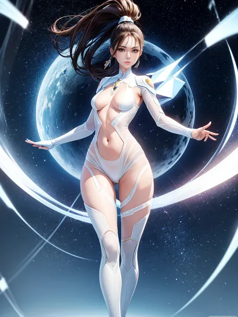 full-body shot，masterpiece，Extreme，Beautiful girl with fair skin，With a high ponytail，，Cold eyes，Wearing a transparent white shaping future technology armor，Expose the crotch，Expose the navel and lower abdomen，Standing in the starry sky，Showing off underwe...