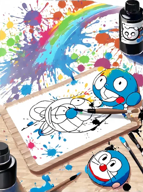 whimsical vibe，an underwater world，((a cute octopus-shaped doraemon is drawing on the drawing board with a brush:1.6))，((ink pig...