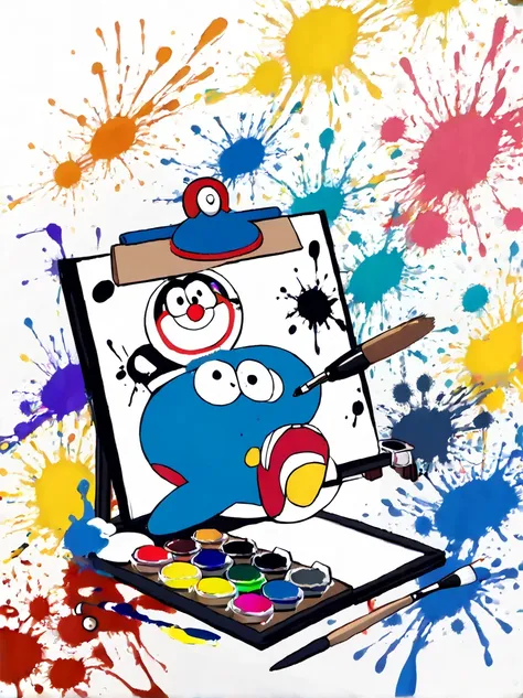 whimsical vibe，an underwater world，((a cute octopus-shaped doraemon is drawing on the drawing board with a brush:1.6))，((ink pig...