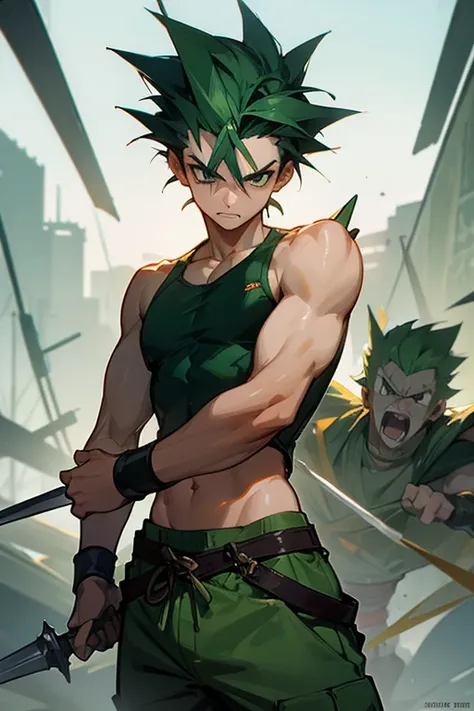 teenage male with green spiked hair, Medieval bandits, green pants and tank top,2 daggers,Meticulous muscle detail,(whole body),smooth skin,anatomically correct,Challenging eyes,night , fierce battle