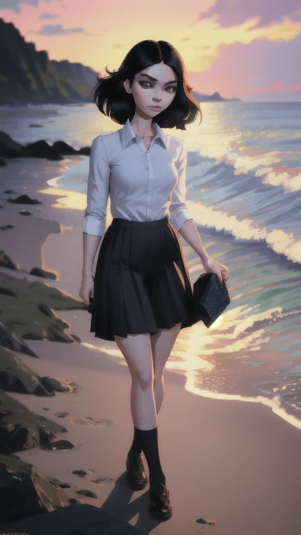 black hair, green eyes, volumetric lighting, light particles, beach background, evening, paper lantern, dark, sunset, pleated skirt, school uniform, full body, walking, looking at viewer