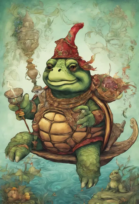 The turtle smokes a hookah and drinks kumiss