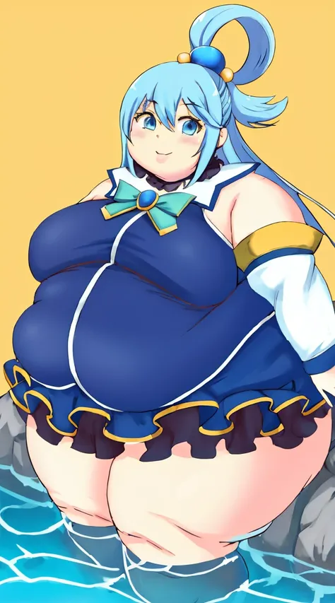 Obese Aqua(Konosuba), MKSKS Style, (Very detailed background: 1.0), (Very detailed background: 1.0), {Masterpiece}, High Quality, One Girl,, Blue Eyes,,Blue Hair,,Chest, Separated Sleeves, Hair Ornament, Hair Ring, Long Hair, Watch Viewer, Single Hair Ring...