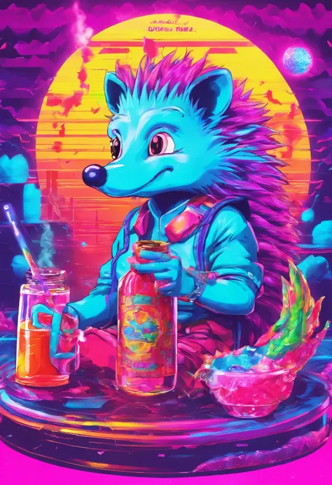 The hedgehog smokes hookah and drinks koumiss