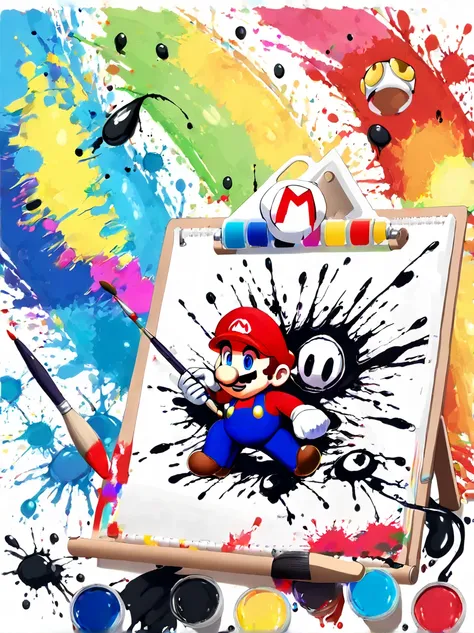 whimsical vibe，an underwater world，((cute super mario is drawing on the drawing board with a paintbrush:1.6))，((ink pigment，stro...