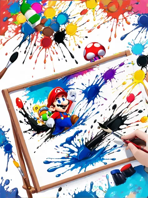 whimsical vibe，an underwater world，((cute super mario is drawing on the drawing board with a paintbrush:1.6))，((ink pigment，stro...