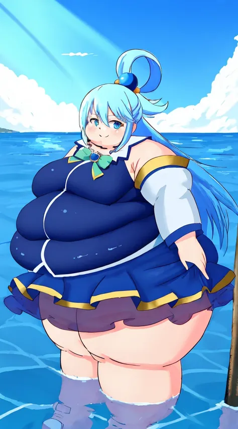 Obese Aqua(Konosuba), MKSKS Style, (Very detailed background: 1.0), (Very detailed background: 1.0), {Masterpiece}, High Quality, One Girl,, Blue Eyes,,Blue Hair,,Chest, Separated Sleeves, Hair Ornament, Hair Ring, Long Hair, Watch Viewer, Single Hair Ring...