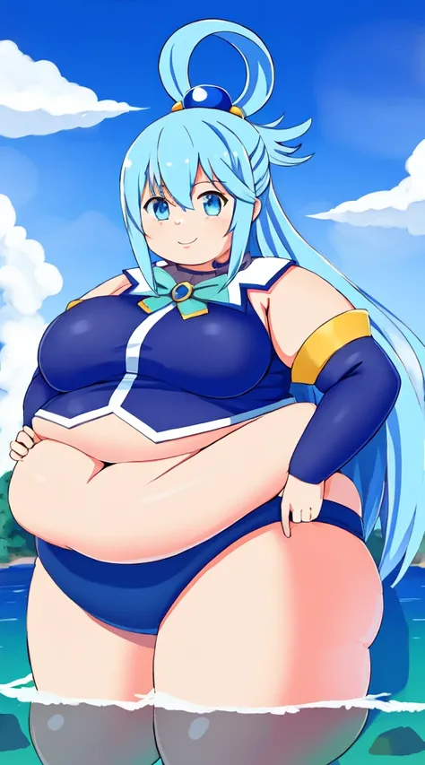 Obese Aqua(Konosuba), MKSKS Style, (Very detailed background: 1.0), (Very detailed background: 1.0), {Masterpiece}, High Quality, One Girl,, Blue Eyes,,Blue Hair,,Chest, Separated Sleeves, Hair Ornament, Hair Ring, Long Hair, Watch Viewer, Single Hair Ring...