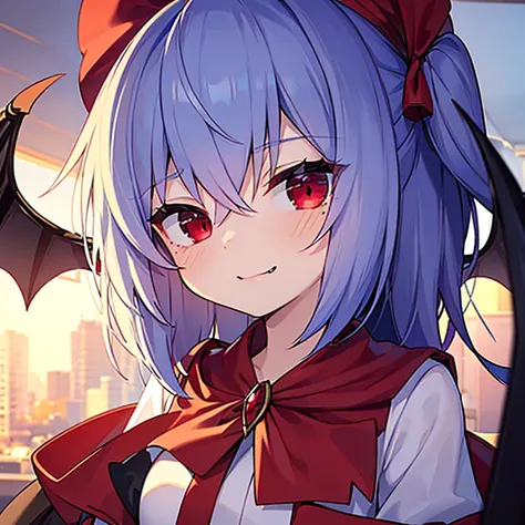 (((remilia scarlet))), (bat wings), (vampire), short hair, (((blue hair))), ((Are standing)), ((((close up face)))), ((Jacket, taut shirt)), evil smile,, 