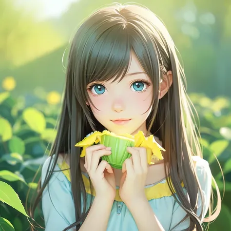 anime illustration、masterpiece、Young and cute、Darker hair color、like、light blue eyes、yellow green，yellow、Gentle atmosphere、Warm atmosphere