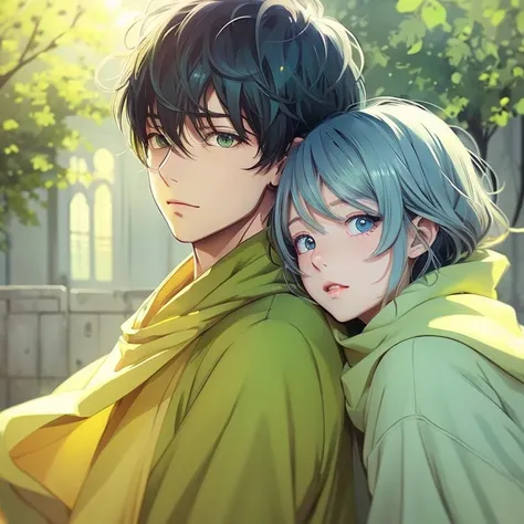 anime illustration、masterpiece、cute androgynous boy、Darker hair color、light blue eyes、yellow green，yellow、Gentle atmosphere、Warm atmosphere、wrapped in love