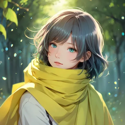 anime illustration、masterpiece、cute androgynous boy、Darker hair color、light blue eyes、yellow green，yellow、Gentle atmosphere、Warm atmosphere、wrapped in love