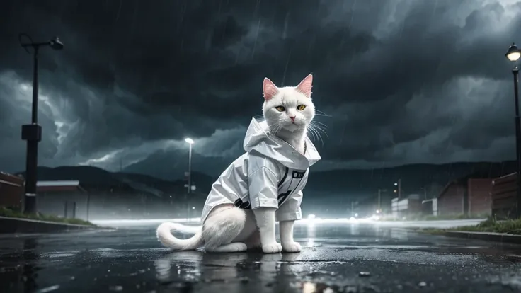 White colored cat puppy wearing raincoat, stormy weather, with cinematic lighting and ultra realistic details, realistic photo, cinematic photography, incredibly detailed, film lighting, full body.