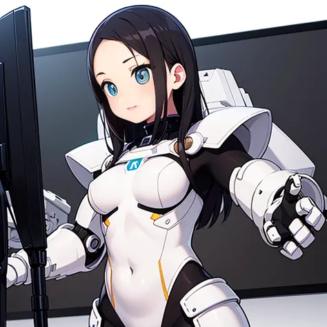 (Upper body), (realistic, [anime]), (3D:0.3), dramatic lighting, ((masterpiece)),(quality),(High resolution), Tall Lady Boyd Star, [[covered abs]], ((X-Ray Power Armor|Lined bodysuit|White Power Armor) Mechanical arm), Undercut long black hair, [evil smile...