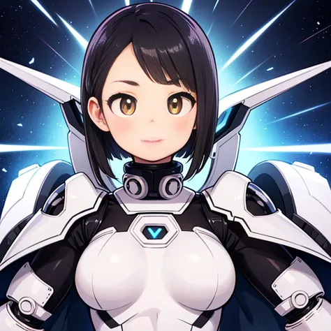 (Upper body), (realistic, [anime]), (3D:0.3), dramatic lighting, ((masterpiece)),(quality),(High resolution), Tall Lady Boyd Star, [[covered abs]], ((X-Ray Power Armor|Lined bodysuit|White Power Armor) Mechanical arm), Undercut long black hair, [evil smile...