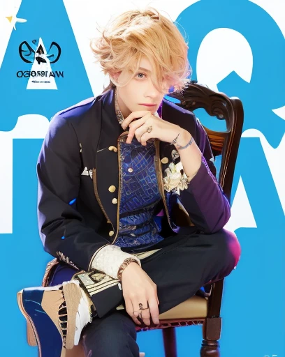 Sitting on a chair,handsome androgynous prince,teenage boy,dark blue shirt with golden patterns,black suit,black pant,dark blue shoes,hand on chin,blonde,blue eyes,cyan pupils,star shaped pupils