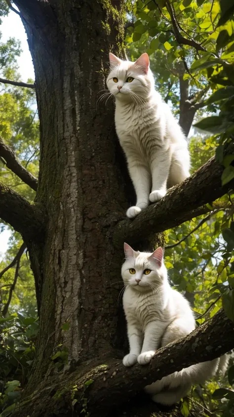 A fluffy cat sits near the roots of a tree on the side of a mountain