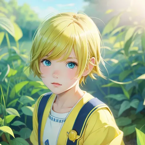 anime illustration、masterpiece、A cute boy、light blue eyes、yellow green，yellow、Gentle atmosphere、Warm atmosphere、justice