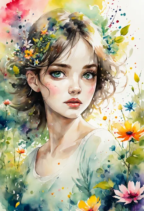 A girl in a garden is surrounded by vibrant ink splatters and delicate watercolor paintings. The girl is the focal point of the artwork, with beautiful detailed eyes, lips, and a face that exudes a sense of serenity. She stands gracefully in the garden, he...