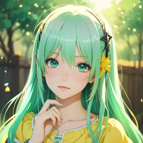 anime illustration、masterpiece、、cute、green hair、light blue eyes、yellow green，yellow、Gentle atmosphere、Warm atmosphere、justice