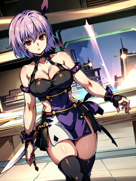 ( highest quality:1.3)
Ayane Doa, 1 girl, alone, chest, short hair, large chest, thighs thighs, bare shoulders, arm, sword, head band,(futuristic laboratory interior),with Hypnolol,
empty eyes,