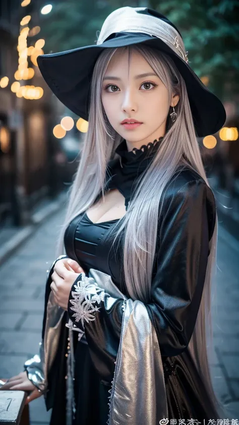 night,outside in town,(black costume),wizard costume,(wizard's wand),wizard's pointed hat,full body,standing,earrings,(silver ha...