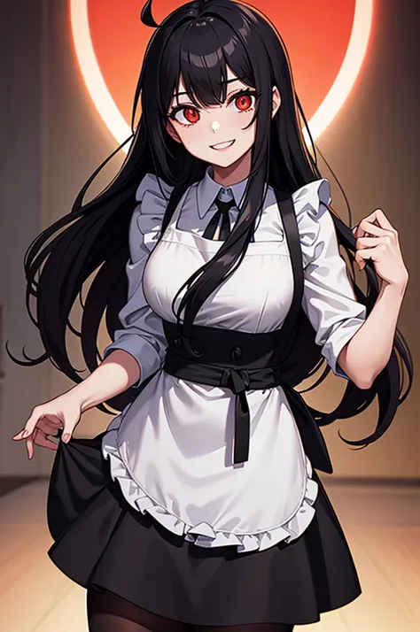 scary smile, apron, red glowing eyes, long black hair