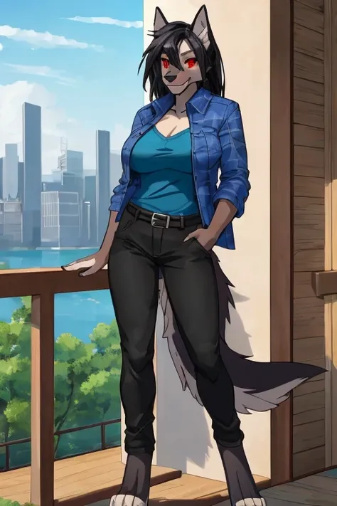 anthropomorphic, female, red eyes, black hair, German Sheperd, hellhound, (((1girl))), (((blue shirt))), (black pants), (blue flannel jacket), full body, cute and sexy, black skin, long digitigrade legs, smiling, big breasts