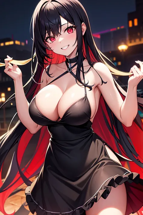 scary smile, apron, red glowing eyes, long black hair, regular clothes, big breasts