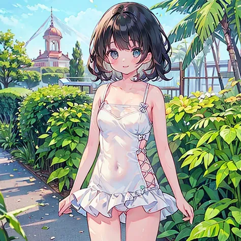 masterpiece, highest quality, disorganized, perfect anatomy, 1 girl, alone, , short hair, beautiful, Hilarious, sunny day, botanical garden, Summer winds, , wavy hair, smile,spread pussy