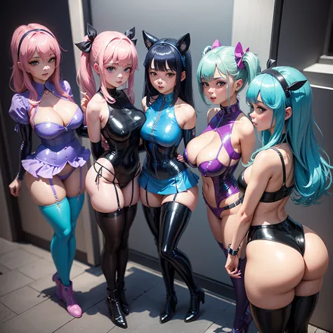 3 beautiful girls, pink latkes mini skirt, blue latex mini top, Mint hair, big breasts, big ass, Slim waist, park, Sakura, protruding nipples, blue latex stockings, black latex panties