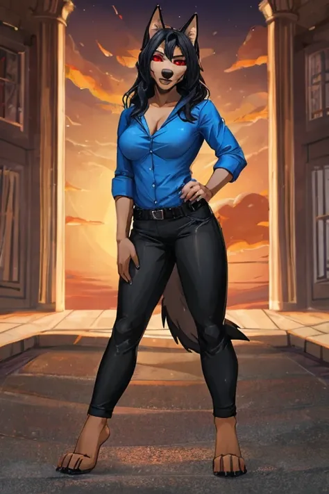 anthropomorphic, female, red eyes, black hair, German Sheperd, hellhound, (((1girl))), (((blue shirt))), (black pants), (black and blue flannel jacket), full body, cute and sexy, black skin, long digitigrade legs, smiling, big breasts