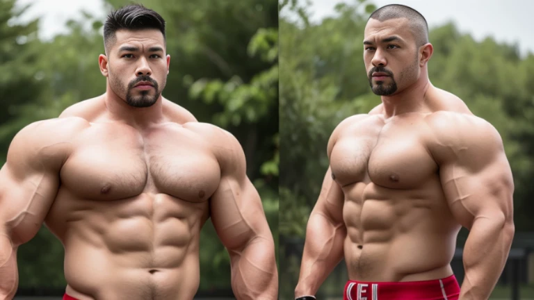 (Highly detailed 8K wallpaper), asian man, muscle worship, fold your arms, On the playground, baseball uniform, high detail, very short hair, skin head, Circular cut, very large and strong body, bulging muscles, muscular, very large pectoral muscles. Very ...