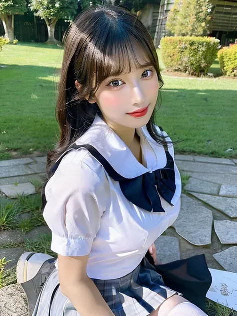 ((masterpiece)), (realistic: 1.2) masterpiece, 最high quality, high quality，High resolution，white skin，perfect body, 最high quality, ultra detail，big breasts，Emphasized valley, Mature，beautiful, black hair， long hair， With bangs，school uniform，over knee sock...