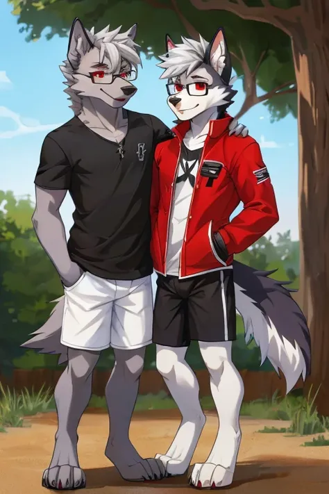 anthropomorphic, male, red eyes, silver hair, wolf, hellhound, (((1boys))), (((black shirt))), (white shorts), (red jacket), handsome, grey skin, long digitigrade legs, smiling, (glasses)