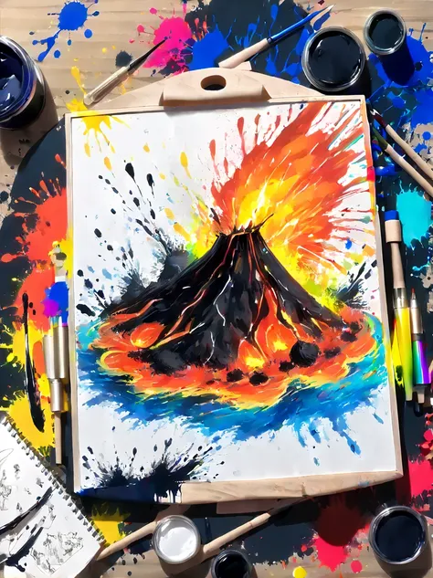 whimsical vibe，an underwater world，((undersea volcano eruption on 1 drawing board with magma and lava splashes made of ink:1.6))...