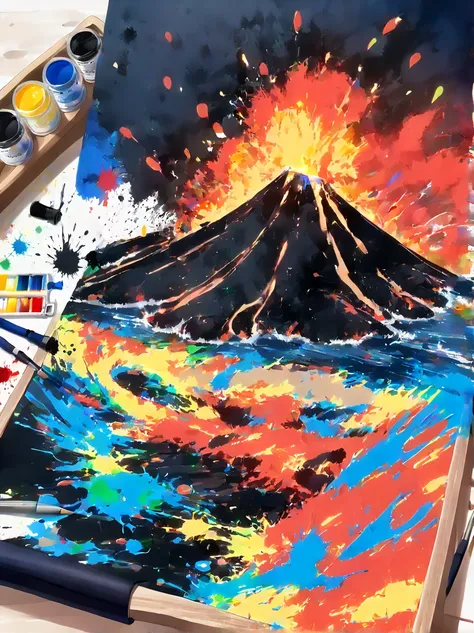 whimsical vibe，an underwater world，((undersea volcano eruption on 1 drawing board with magma and lava splashes made of ink:1.6))...