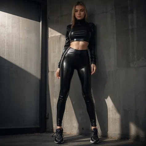 Pretty light blonde woman wearing thermo shaping leggings, schwarz Leder, Full body image, leggings black matt shiny